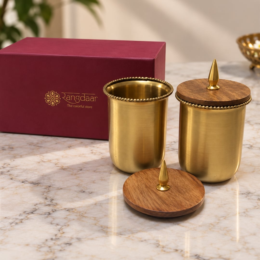 Handcrafted Brass Drinking Glass with Lace Rim, Wooden Lid with Brass Gumbad Top image 1
