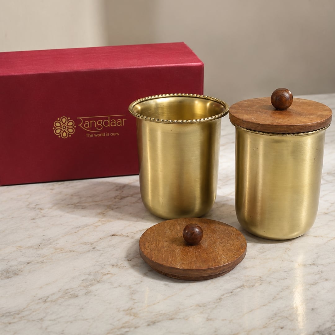 Handcrafted Brass Drinking Glass With Lace Rim, Wooden Lid with Wooden Ball Top image 1