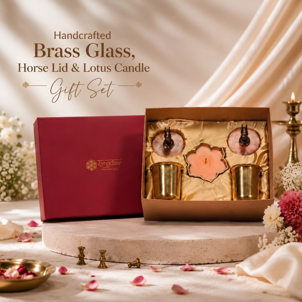 Handcrafted Brass Glass, Brass Horse Finial Lid & Lotus Candle Gift Set image 3