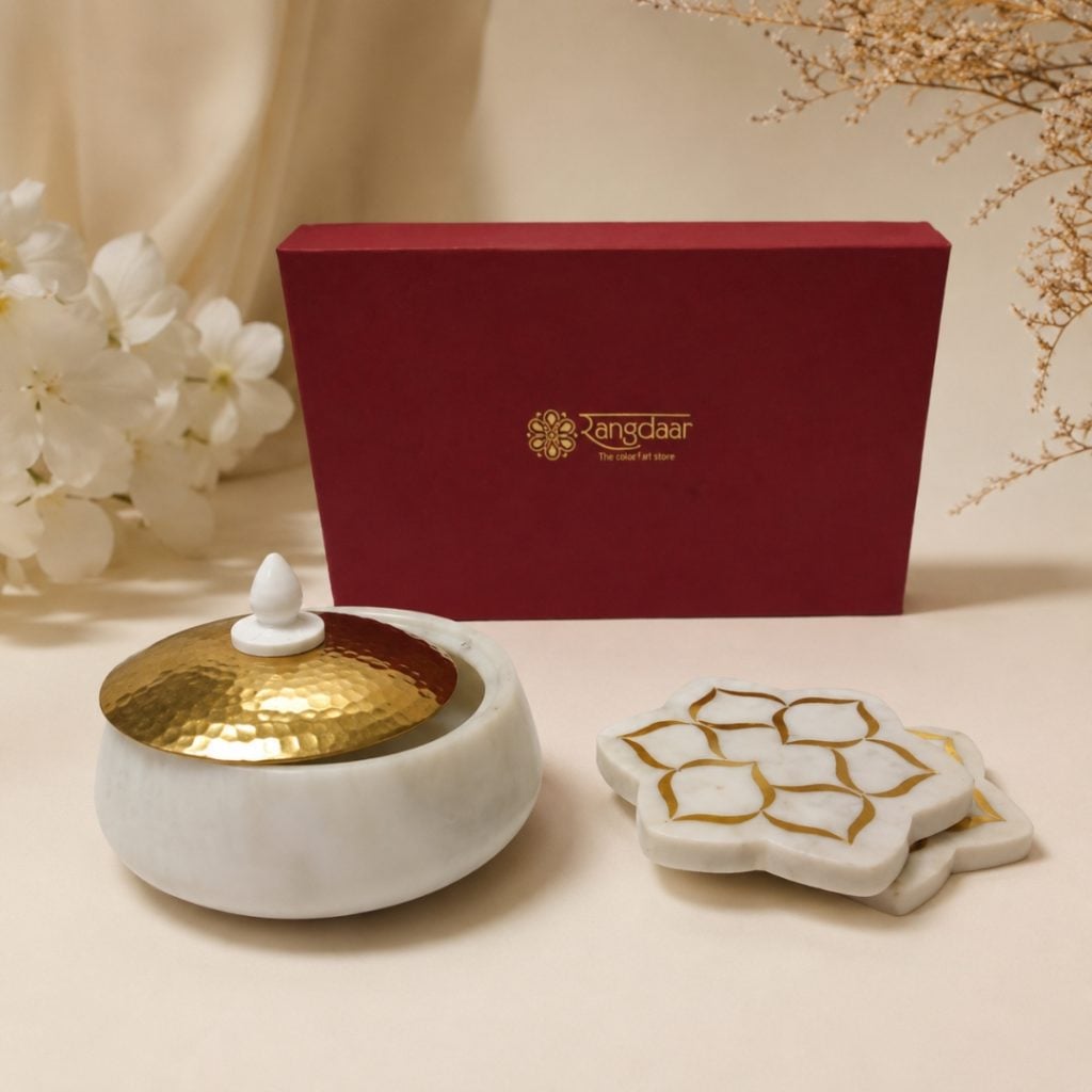 Marble Degchi with Marble Inlay Coasters image 1