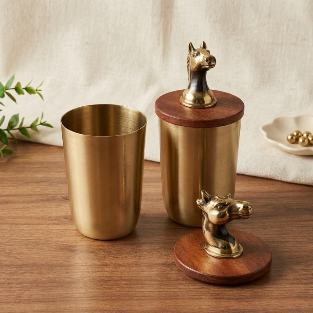 Handcrafted Brass Drinking Glass, Wooden Lid with Brass Horse Top image 1