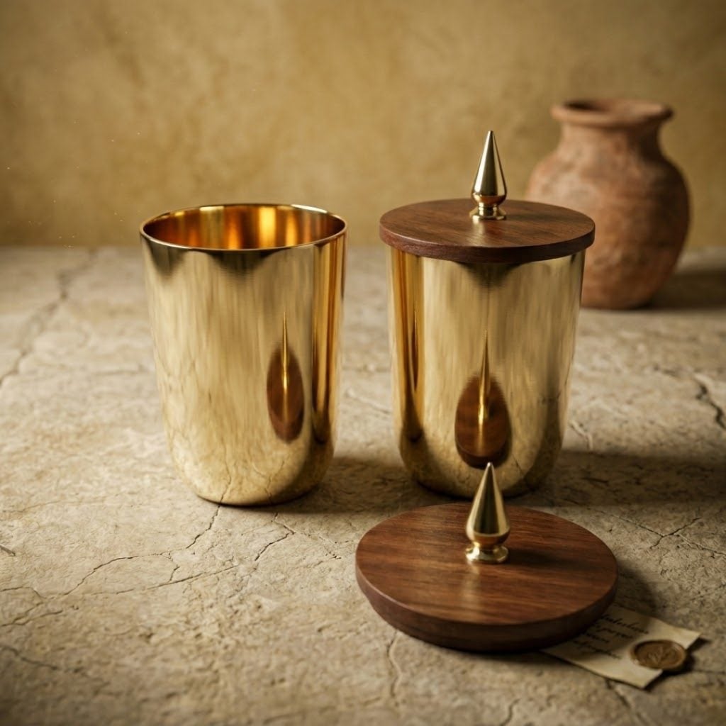 Handcrafted Brass Drinking Glass, Wooden Lid with Gumbad Top image 1