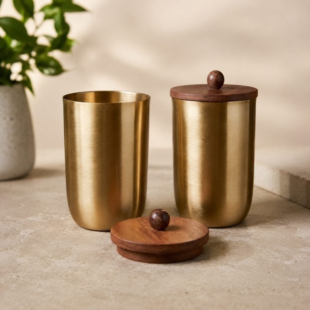 Handcrafted Brass Drinking Glass, Wooden Lid with Wooden Ball Top image 1