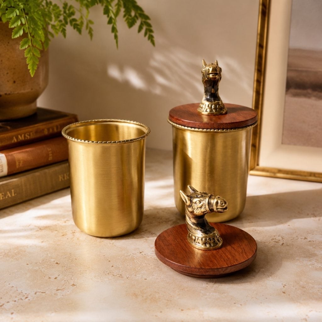 Handcrafted Brass Drinking Glass with Lace Rim, Wooden Lid with Brass Horse Top image 1