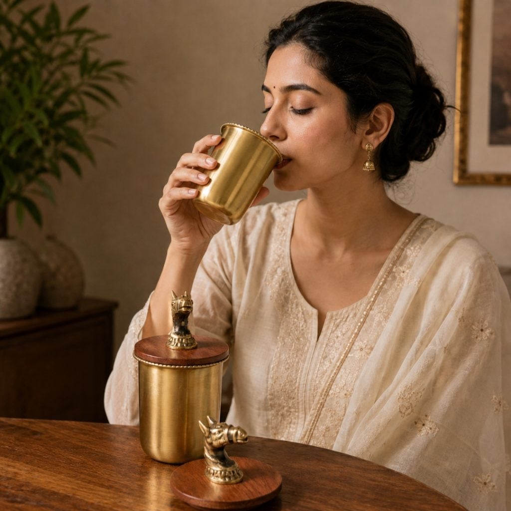 Handcrafted Brass Drinking Glass with Lace Rim, Wooden Lid with Brass Horse Top image 2