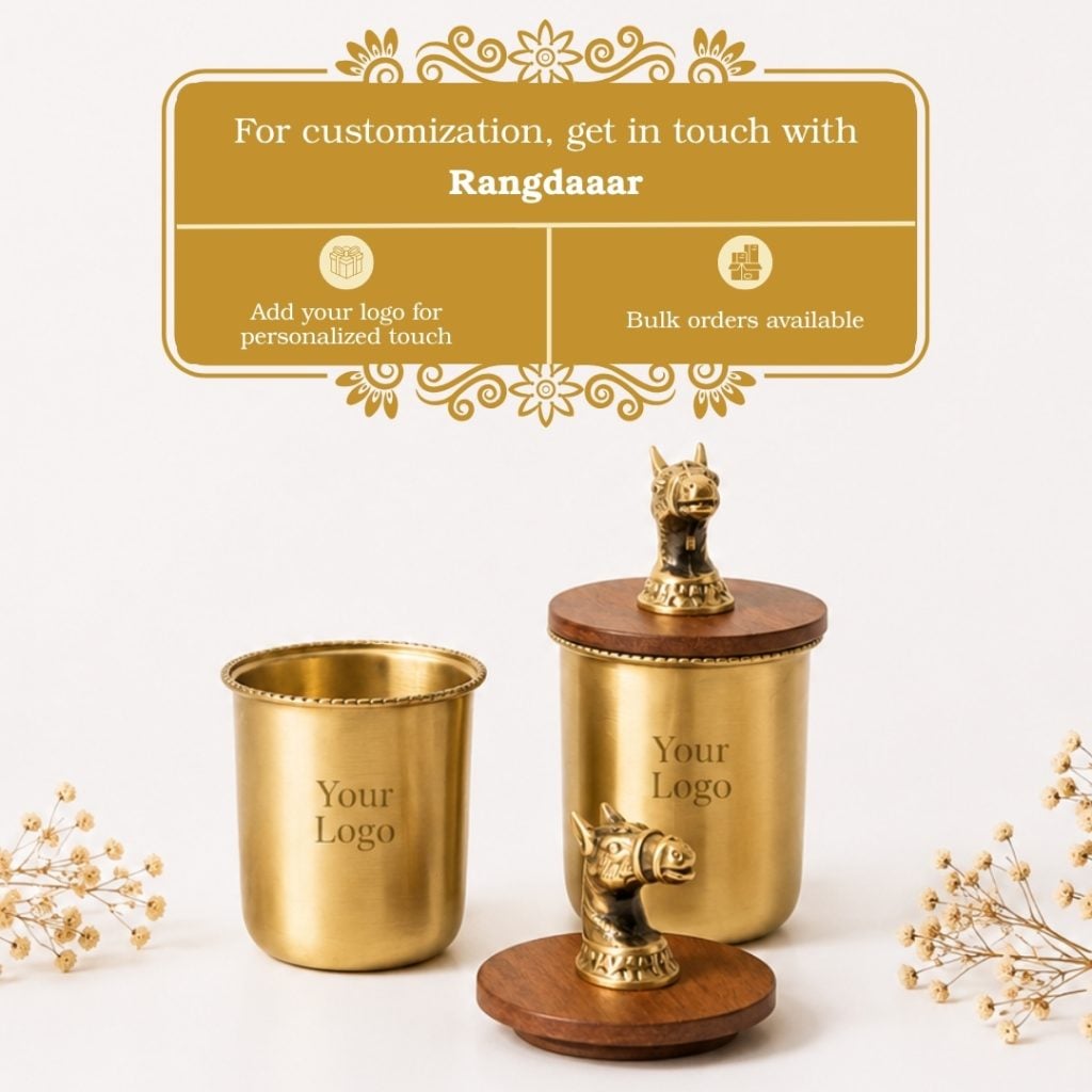 Handcrafted Brass Drinking Glass with Lace Rim, Wooden Lid with Brass Horse Top image 3