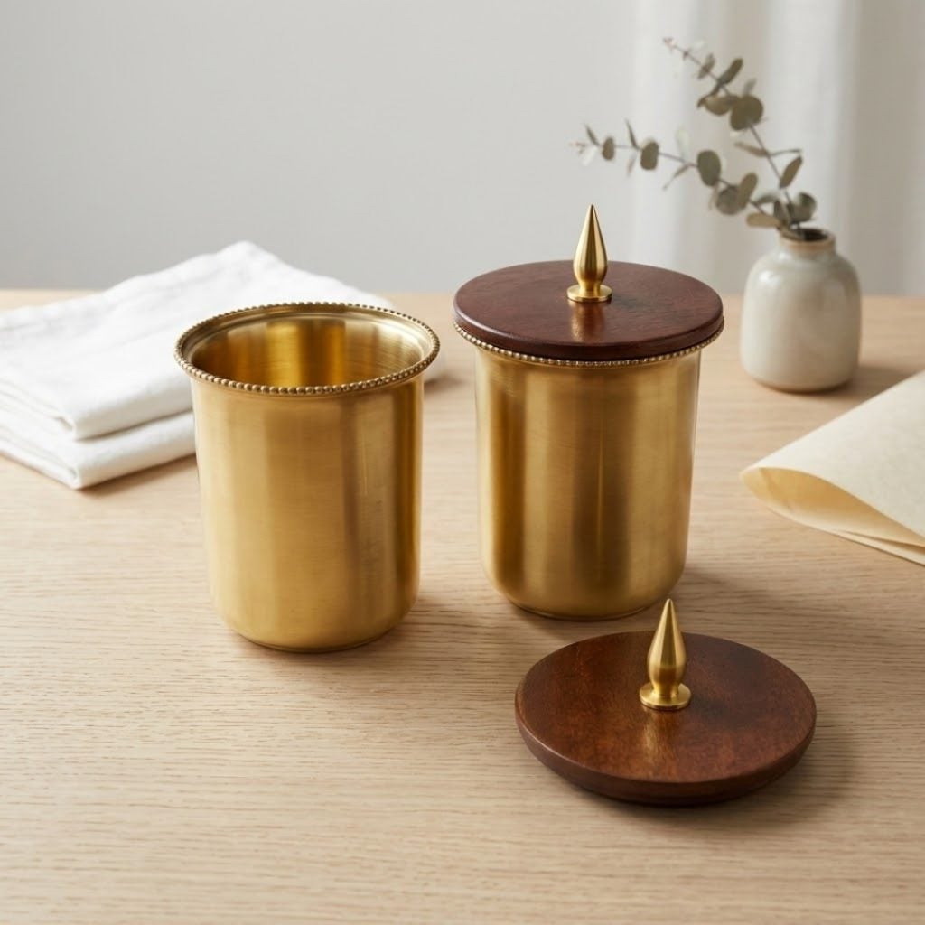 Handcrafted Brass Drinking Glass with Lace Rim, Wooden Lid with Brass Gumbad Top image 1