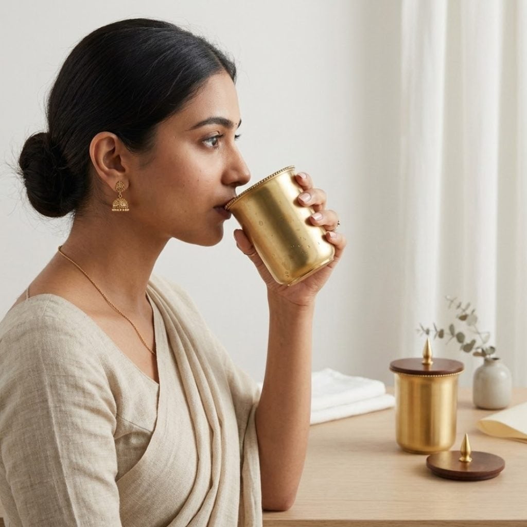 Handcrafted Brass Drinking Glass with Lace Rim, Wooden Lid with Brass Gumbad Top image 2