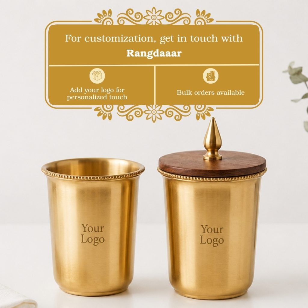 Handcrafted Brass Drinking Glass with Lace Rim, Wooden Lid with Brass Gumbad Top image 3