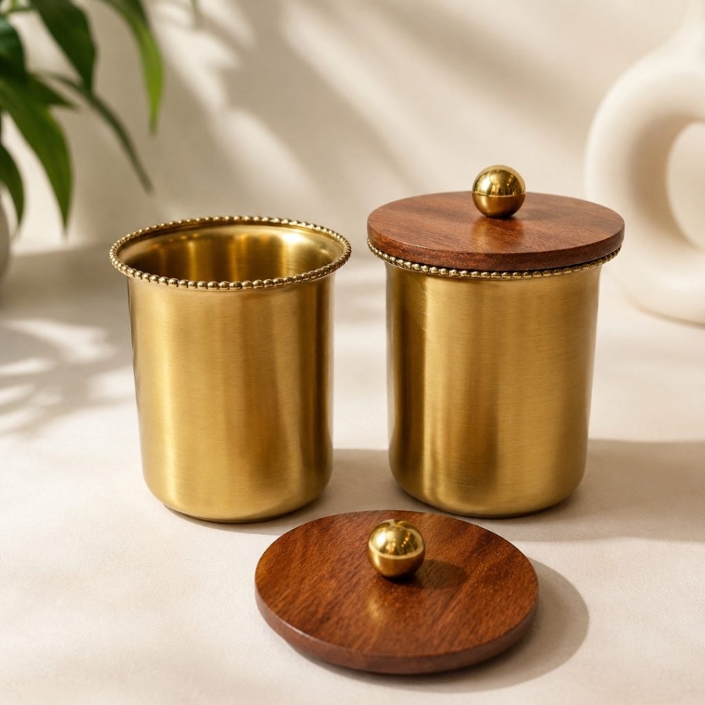 Handcrafted Brass Drinking Glass With Lace Rim , Wooden Lid with Brass Ball Top image 1