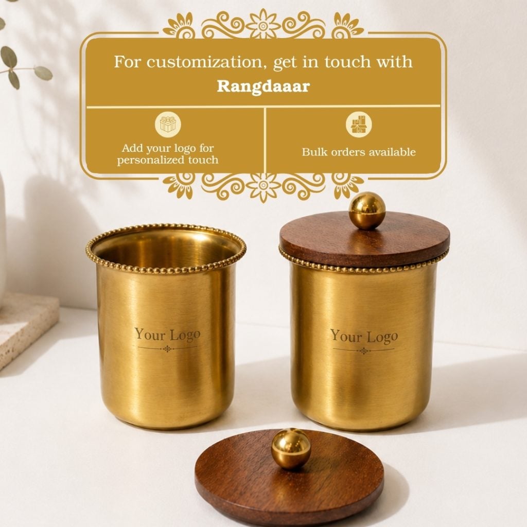 Handcrafted Brass Drinking Glass With Lace Rim , Wooden Lid with Brass Ball Top image 3