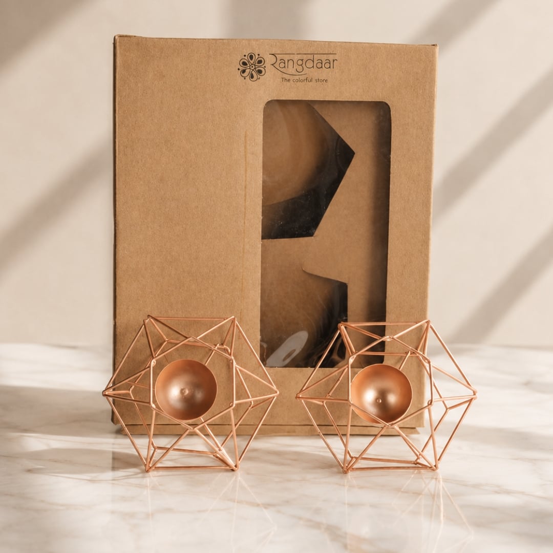 Hexagonal Tea Light Holder (Set of 2 – Rose Gold) image 1