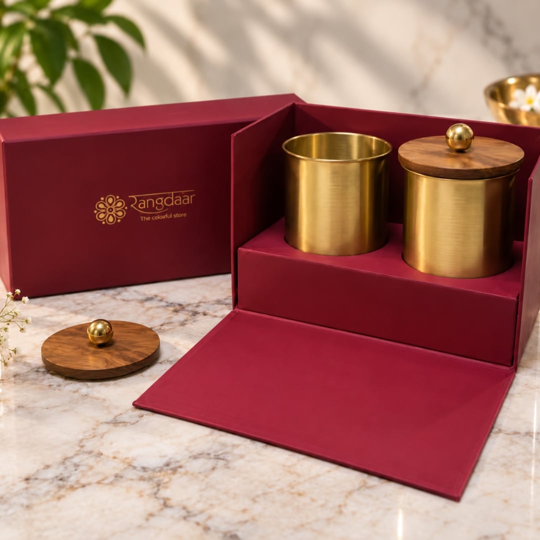 Brass Glass with Wooden Lid with Brass Ball Top -Set of 2 image 1