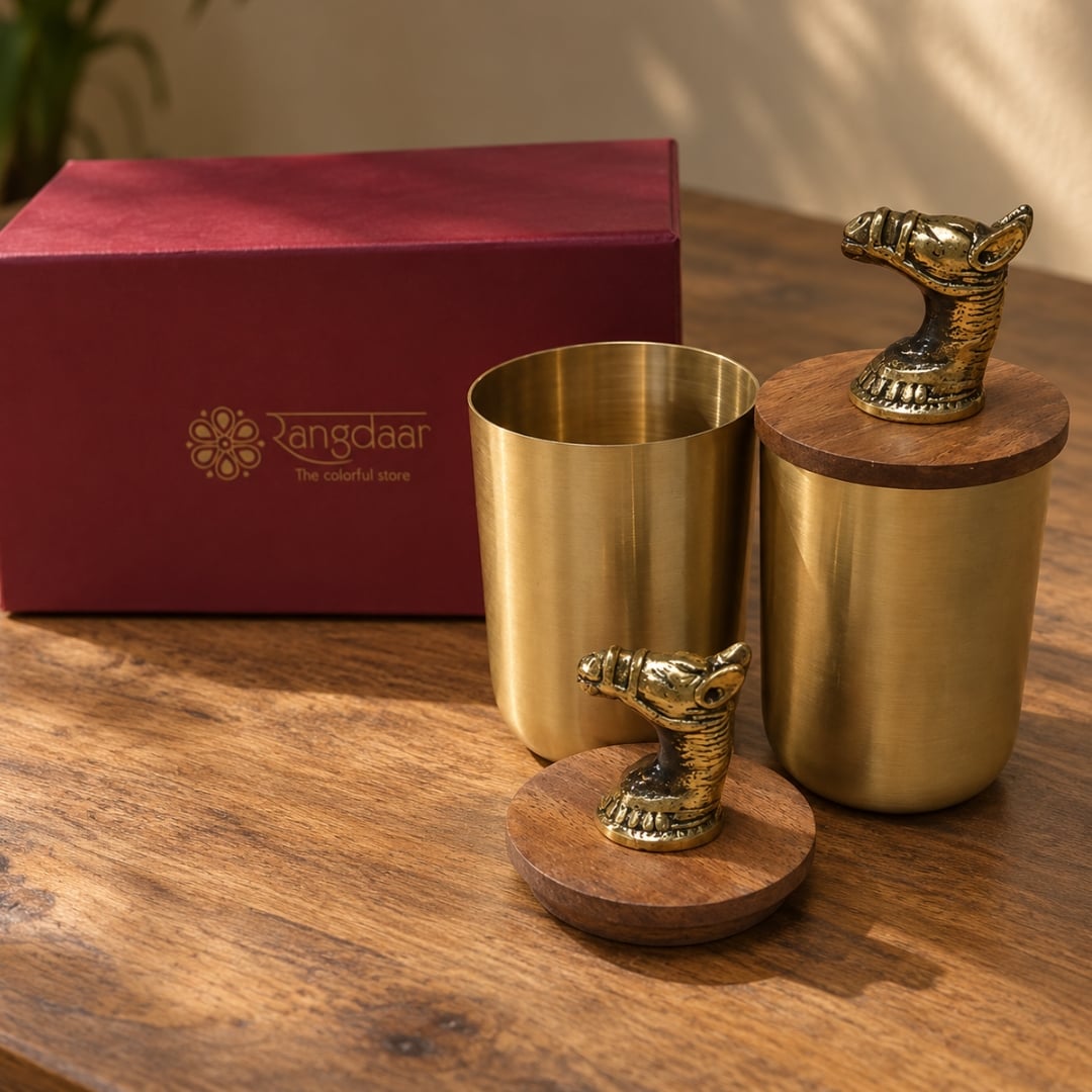 Handcrafted Brass Drinking Glass, Wooden Lid with Brass Horse Top image 1