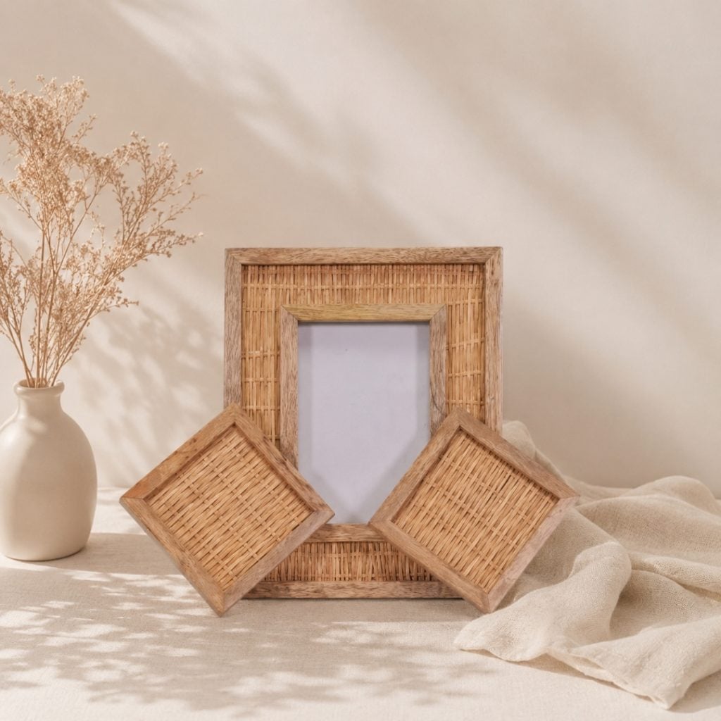 Cane Photo Frame with Coaster A timeless blend of handcrafted artistry and natural elegance. image 2