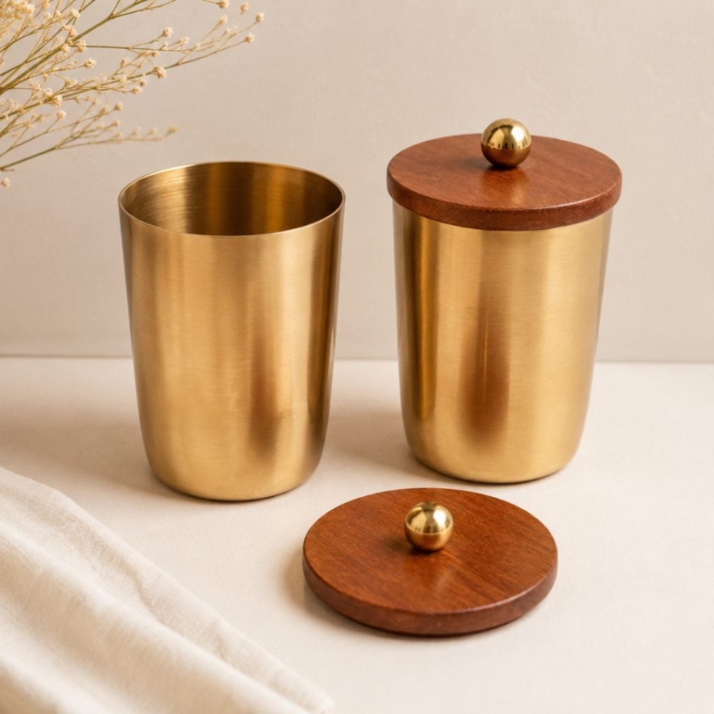 Handcrafted Brass Drinking Glass, Wooden Lid with Brass Ball Top image 1