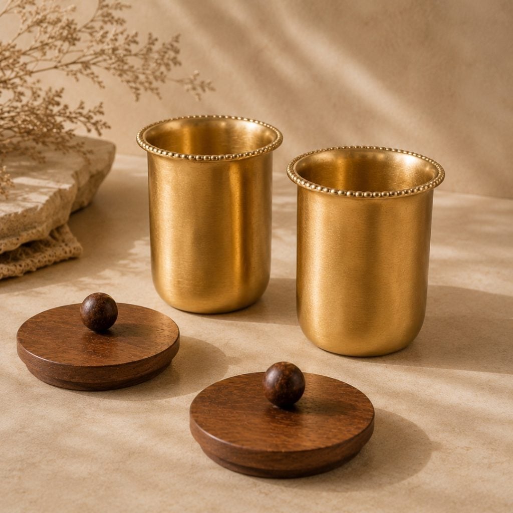 Handcrafted Brass Drinking Glass With Lace Rim, Wooden Lid with Wooden Ball Top image 1
