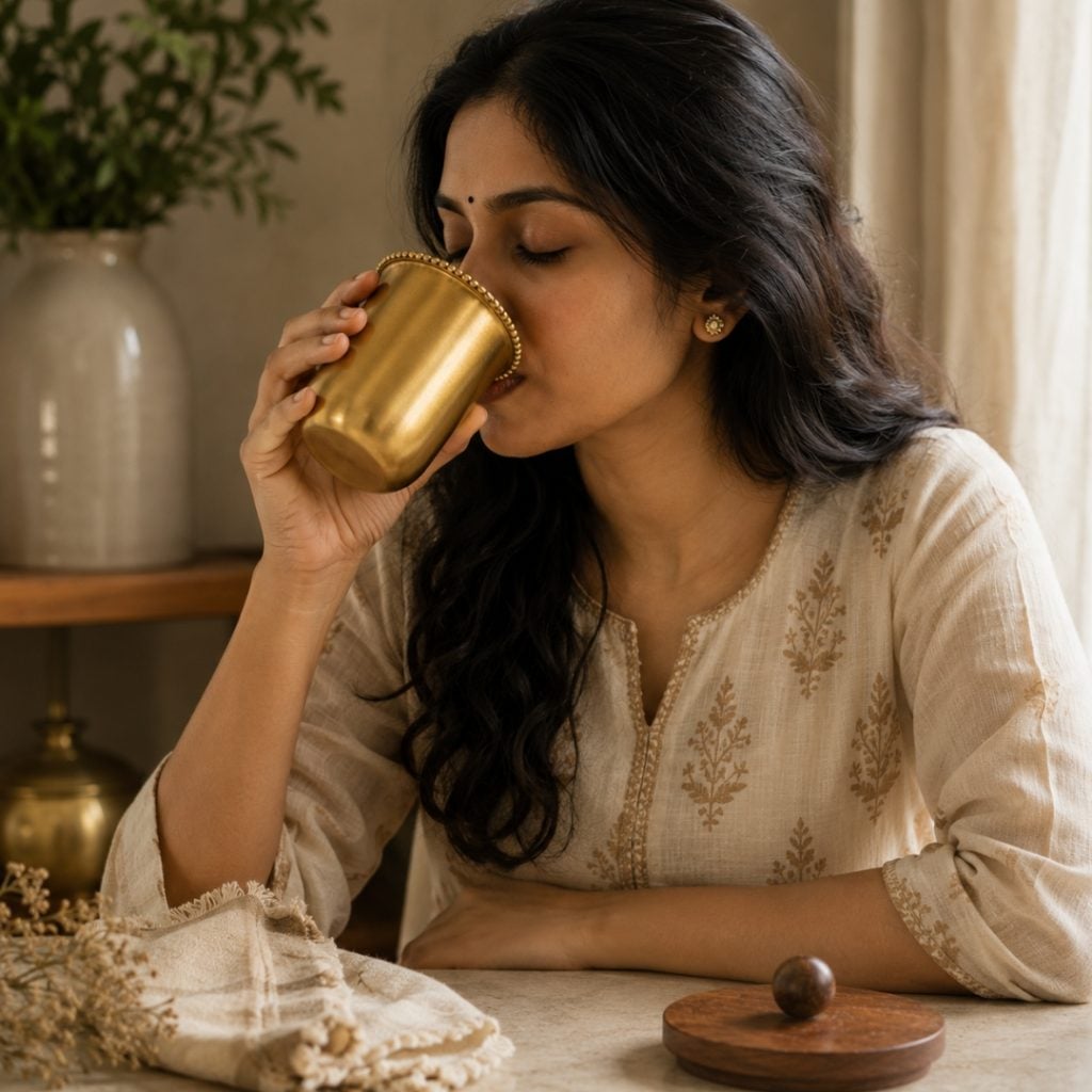 Handcrafted Brass Drinking Glass With Lace Rim, Wooden Lid with Wooden Ball Top image 2