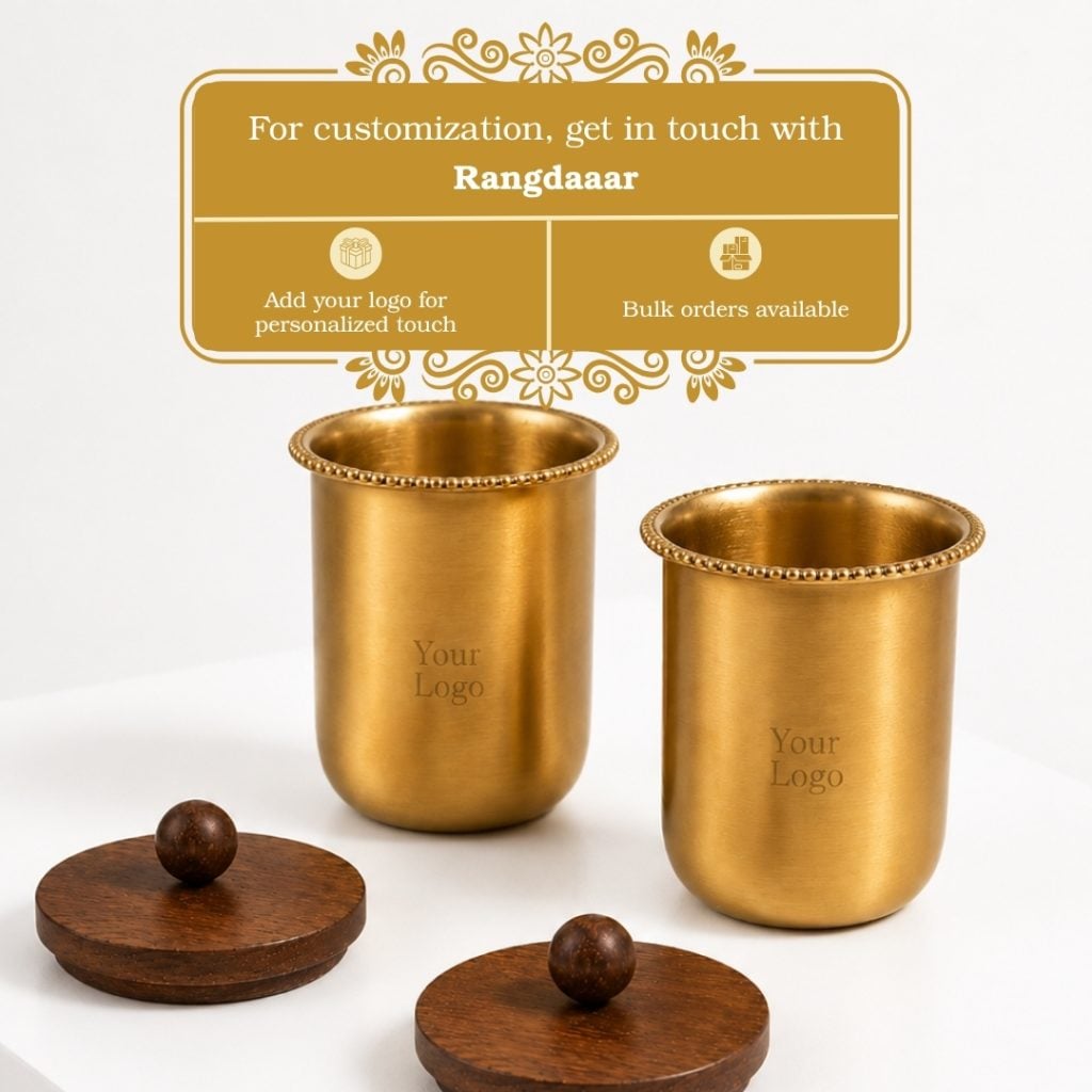 Handcrafted Brass Drinking Glass With Lace Rim, Wooden Lid with Wooden Ball Top image 3