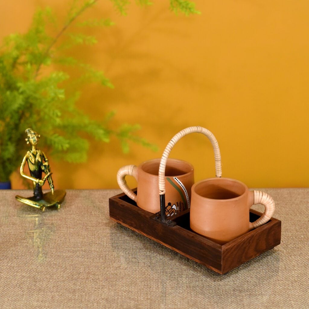 Happy Morning Earthen Cups with Cane Embellished Tray image 1