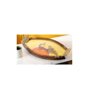 Wooden oval shape tray with glass