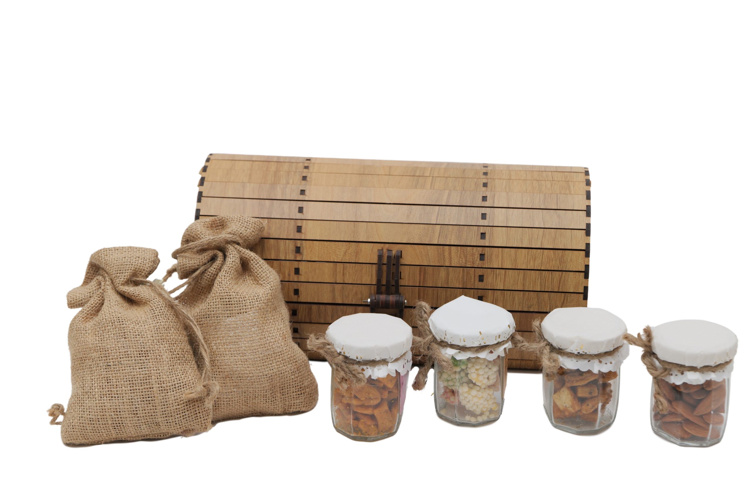 Wooden box - 4 jars / potlis